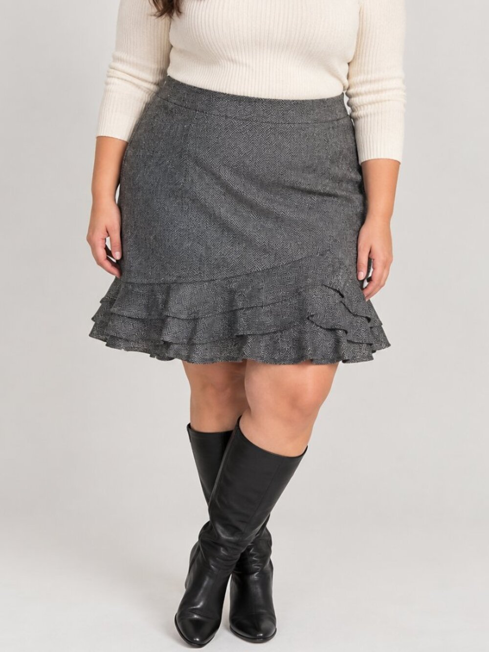 Gray Ruffled Herringbone Skirt - Classic Women's Skirt